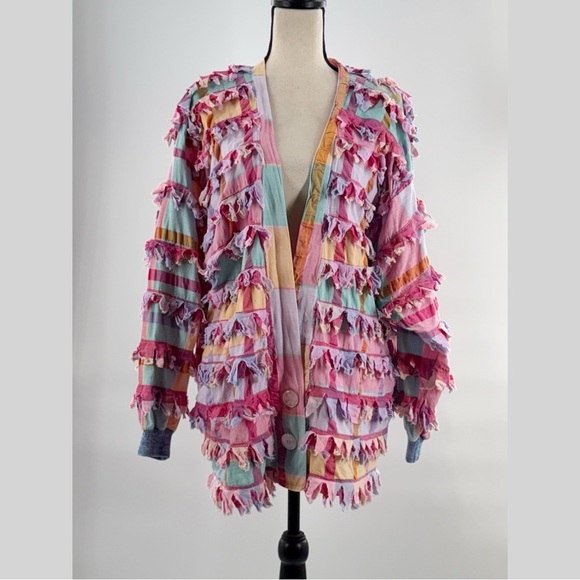 Vintage Paula Sweet Muslin Mink Patchwork Fringe Cardigan Jacket – Size Small - Picture 2 of 12